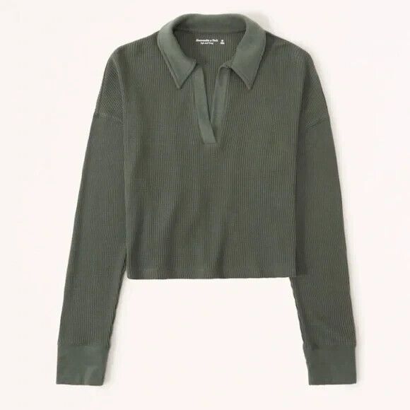 ABERCROMBIE & FITCH Waffle Polo Cropped Thermal Top S Green Long Sleeve EUC B52 - Picture 6 of 6